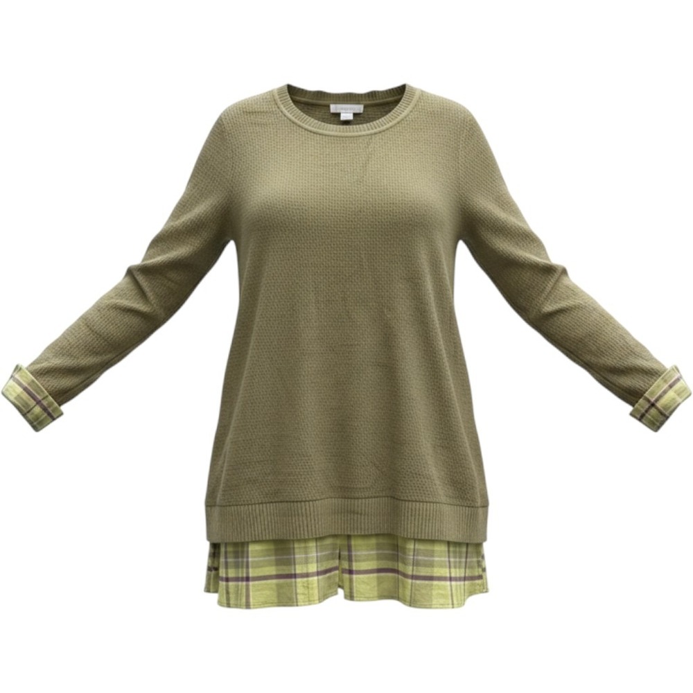Coldwater Creek Womens Olive Green Waffle Knit Plaid Layered Sweater Size M